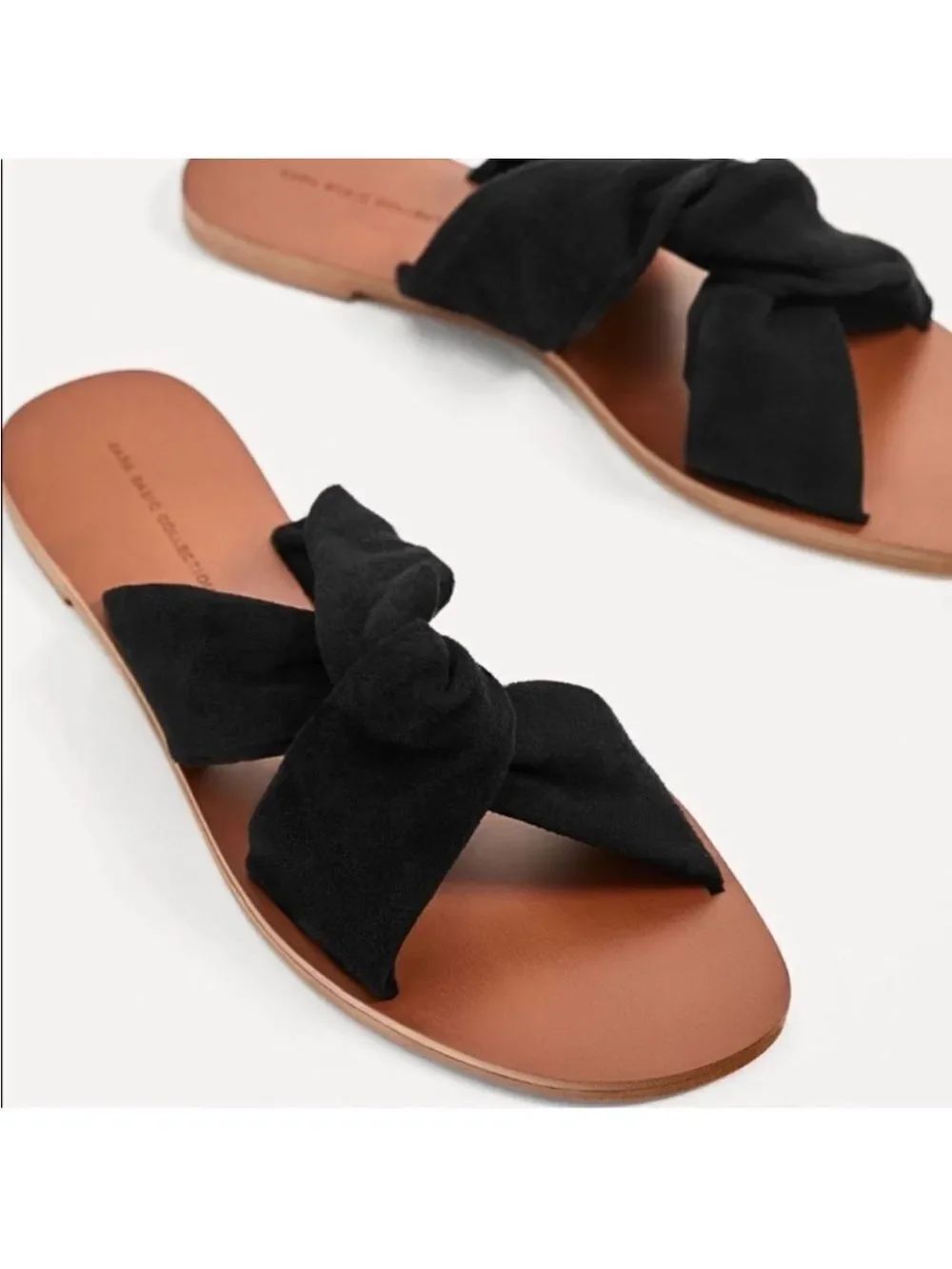 ZARA 38/7-7.5 Black Suede Flat Crossover Straps Knot Flat Slip on Sandals